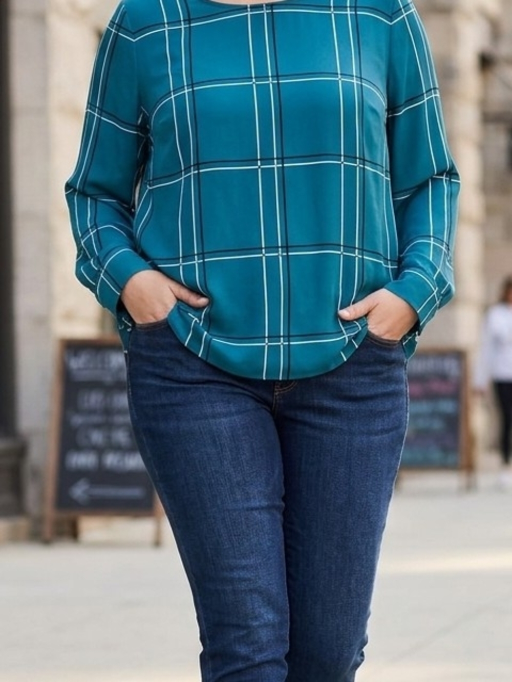 Alfani Women's XL Blue/White/Black Plaid Pullover Round Neck Lined Blouse NWT